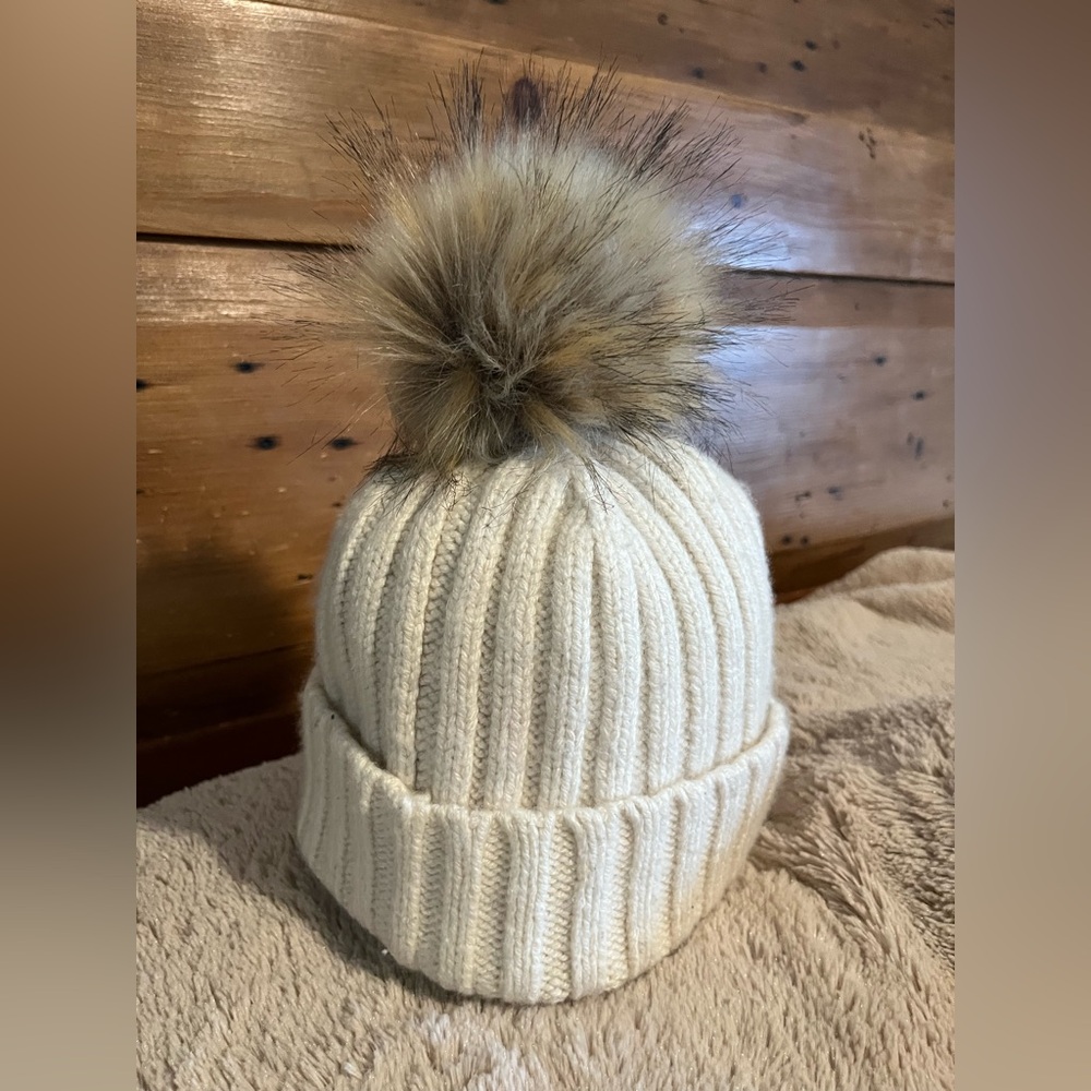 J. Crew Ivory Knit Beanie with Faux Fur Pom womens - Picture 3 of 6